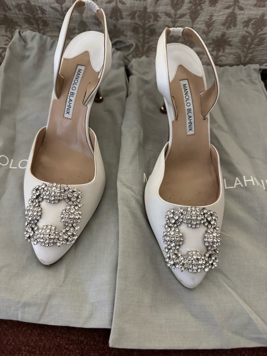 Manolo Blahnik Shoes - Manolo Blahnik White Satin Crystal-Embellished Slingback Pumps